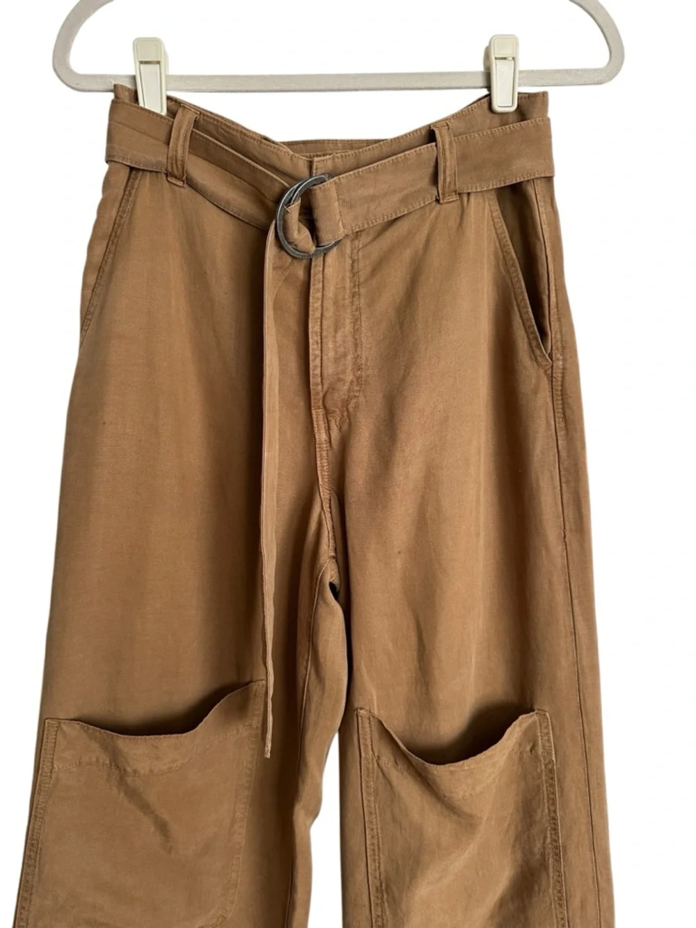 ZARA Fluid Utility Pants S Brown Lyocell Linen Wide Leg Minimalist Quiet Luxury